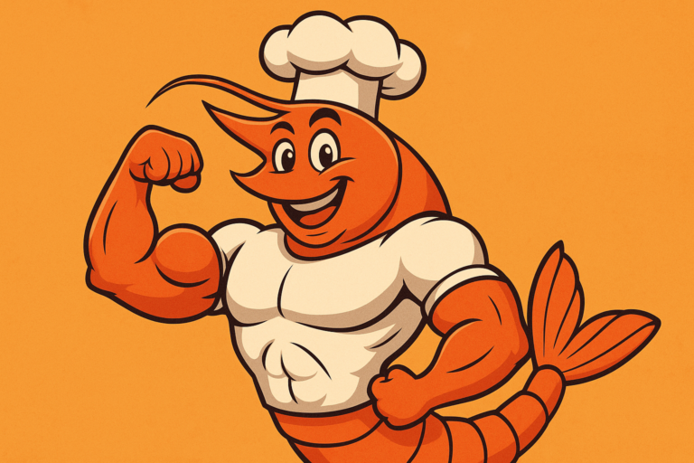 Imagem de um camarão musculoso fazendo menção a saudabilidade